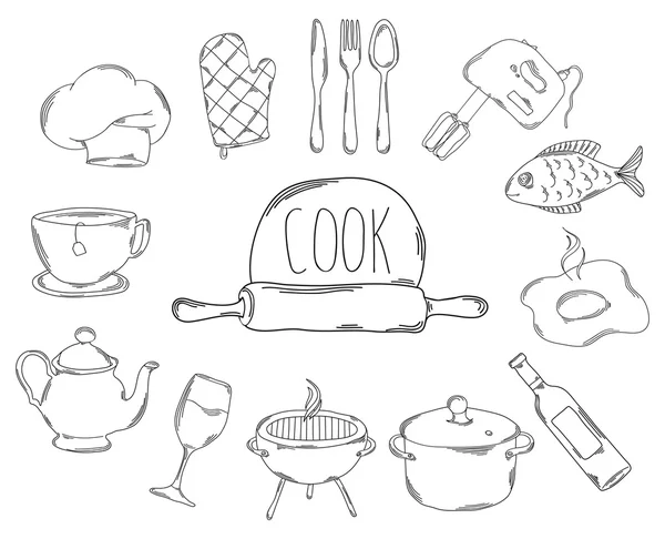 Grande collection d'icônes de ligne en style dessiné à la main pour la profession de cuisinier. Vecteur — Image vectorielle