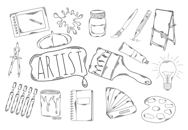 Large collection of line icons in hand drawn style for an artist. Vector — Stock Vector