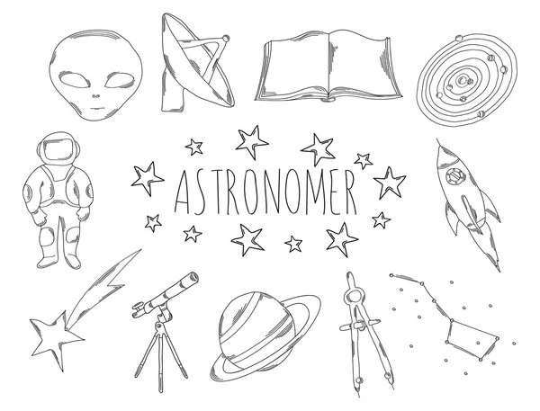 Grande coleção de ícones de linha em estilo desenhado à mão para a profissão de astrônomo. Vetor — Vetor de Stock