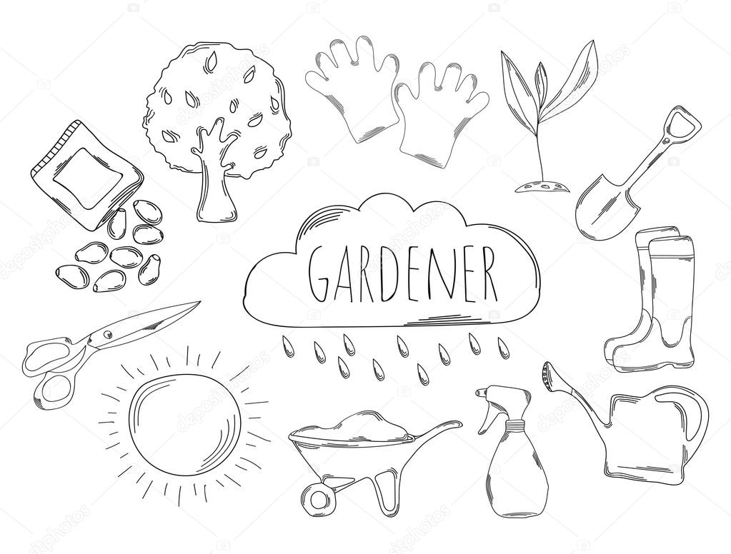 Large collection of line icons in hand drawn style for the profession of gardener. Vector