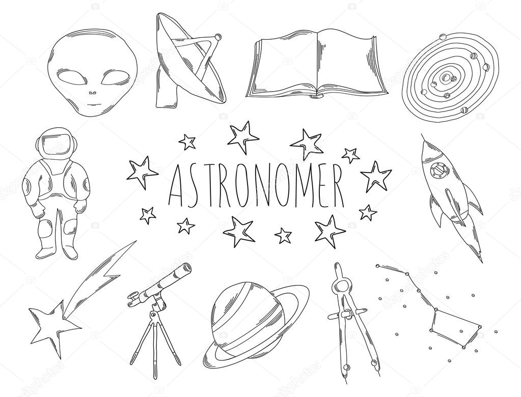 Large collection of line icons in hand drawn style for the profession of astronomer. Vector