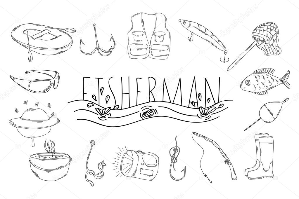 A large collection of linear manual icons for fishing. Vector