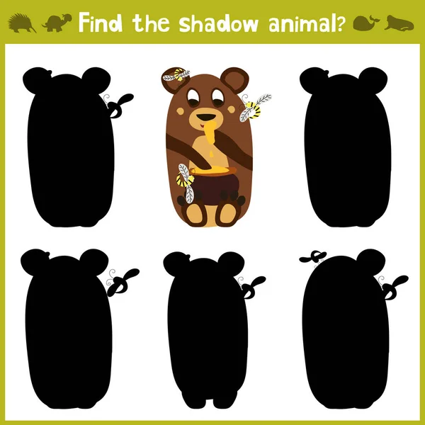 Juegos educativos para niños, dibujos animados para niños en edad preescolar. Encuentra la sombra adecuada para un oso con miel y abejas de la estepa. Vector — Vector de stock