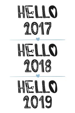 Merhaba 2017. Merhaba 2018. Merhaba 2019. Motivasyonel tırnak. Tatlı şirin ilham, tipografi. Hat fotoğraf grafik tasarım öğesi. El ile yazılmış bir işaret. Vektör