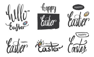 Logolar ve Amblemler Merhaba Paskalya ve yazı, Paskalya modern hat koleksiyonu. El yazısı Paskalya ifade. Logo ve tebrik kartları ile Paskalya yumurtaları için metinler. Vektör