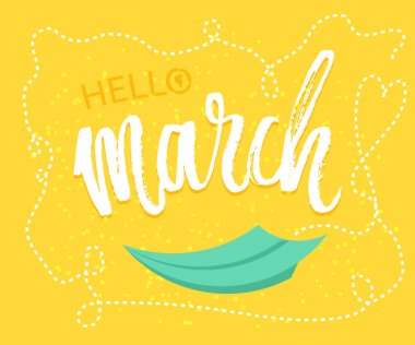 Ay Mart tasarım kağıt origami uçak ile sarı arka plan bahar selamlar mevsimlik bir pazarlama promosyon çizim. Vektör .