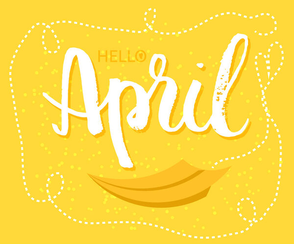 Spring greetings to the month of April design in yellow background with paper origami plane was drawing to a seasonal marketing promotion. Vector .