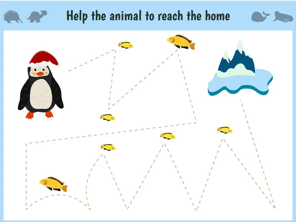 Maze game. Educational children cartoon game for children of preschool age. Help to find the way home to the Arctic penguin and feed him fish. Vector — Stock Vector