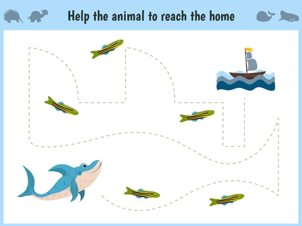 Игра Мейз. Воспитательная детская мультигра для детей дошкольного возраста. Помощь, чтобы найти путь домой в море акулы и кормить ее рыбу. Вектор — стоковый вектор