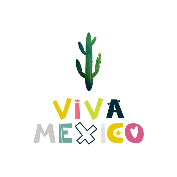 Viva Mexico. Akvarell cactus. Söta tecknade bokstäver. Flat illustration isolera på vit bakgrund. Skriva ut för den mexikanska semester och firandet av festivaler. Vektor — Stock vektor