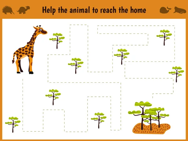 Dibujos animados ilustración de la educación. Juego a juego para niños en edad preescolar para mantener una jirafa animal salvaje en casa de sovanna. Todas las imágenes están aisladas sobre fondo blanco. Vector — Vector de stock