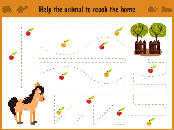 Καρτούν εικονογράφηση της εκπαίδευσης. Ταιριάζοντας με παιχνίδι για παιδιά προσχολικής ηλικίας ανιχνεύσετε τη διαδρομή του το άλογο στο αγρόκτημα και να συλλέγουν την πορεία του όλα τα μήλα. Εκπαίδευση και παιχνίδια. Εκμάθηση γραφής. Διάνυσμα — Διανυσματικό Αρχείο