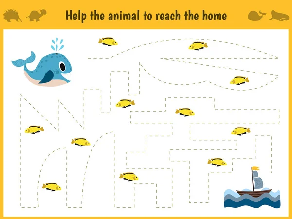 迷宫游戏。教育儿童的学龄的儿童动漫游戏。帮助找到回家的路在海中的鲸鱼，喂他的鱼。矢量 — 图库矢量图片