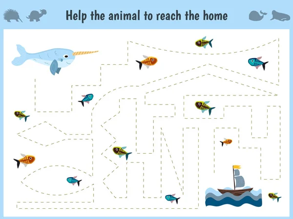 Laberinto juego. Niños educacionales juego de dibujos animados para niños en edad preescolar. Ayuda a encontrar el camino a casa en el mar, narval y darle de comer a los peces. Vector — Vector de stock