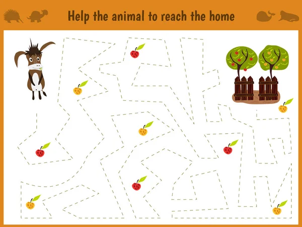 Cartoon illustratie van onderwijs. Matching game voor preschool kinderen trace het pad van de ezel op de boerderij en onderweg verzamelen alle de appels. Onderwijs en games. Leren handschrift. Vector — Stockvector