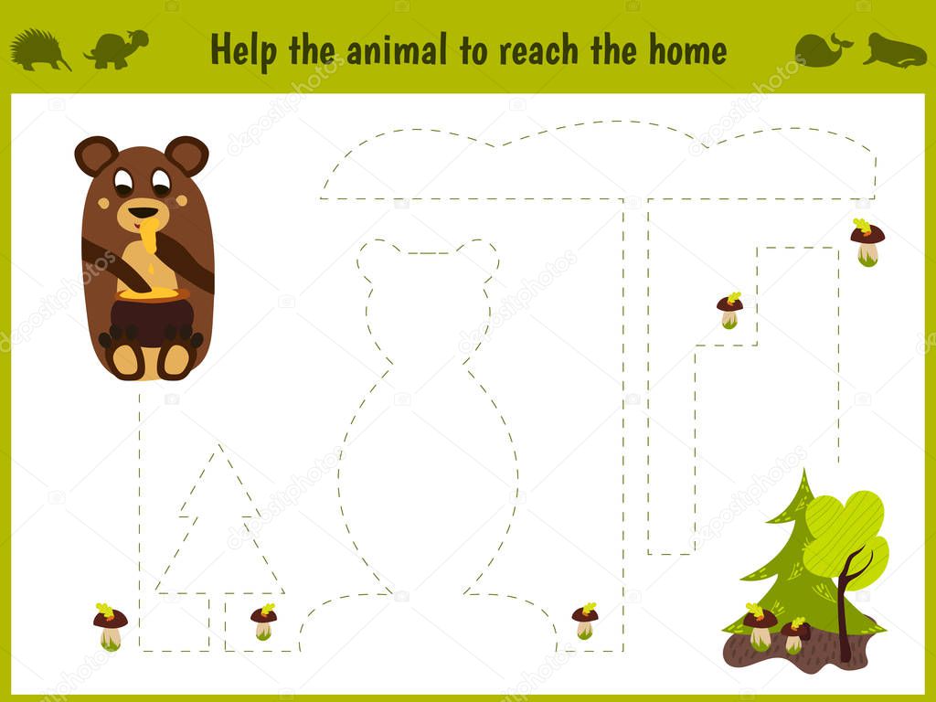 Cartoon illustration of education. Matching game for preschoolers to hold a wild animal bear home. All pictures are isolated on white background. Vector