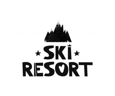 Kayak Merkezi. Reklam logo dağ tatil. Yazıt İskandinav siyah beyaz tarzı metinde. Suluboya siluet siyah Dağı. Vektör