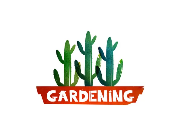 Kertészeti. Logo-reklám szolgáltatások, kertészek és virágbolt. Cactus egy pot. Akvarell háttér. Vektor — Stock Vector