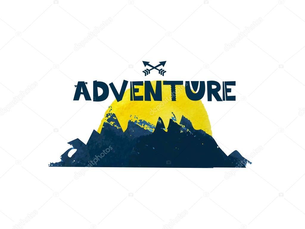 Adventure. Cute lettering text. Watercolor silhouette of the mountains. Vector