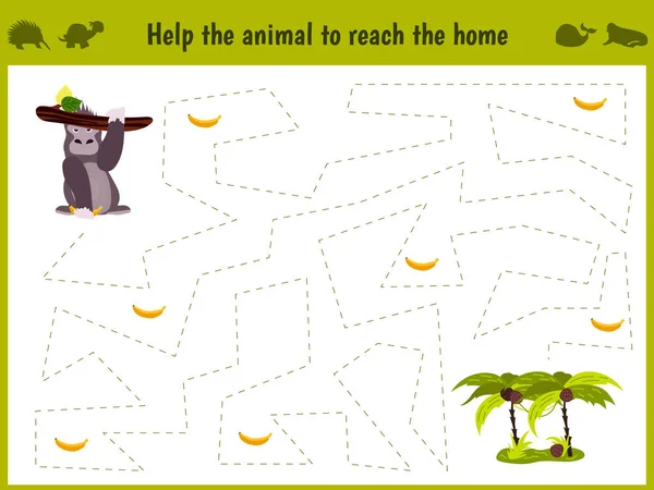 Cartoon illustratie van onderwijs. Passende spel voor preschool kinderen het pad van de gorilla's in de jungle traceren en verzamelen alle de bananen. Onderwijs en games. Leren handschrift. Vector — Stockvector