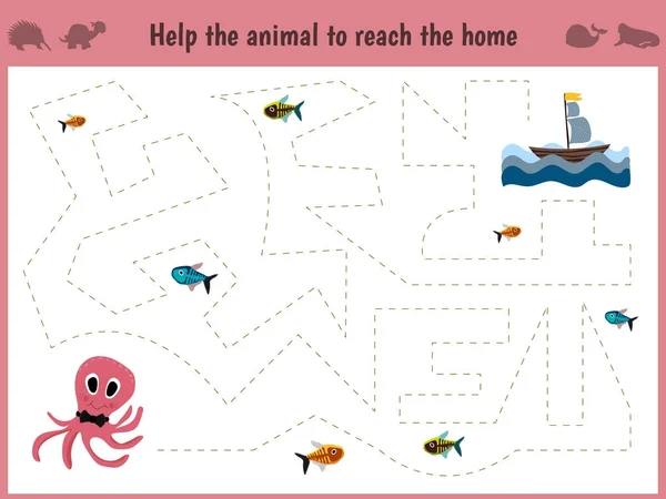 Cartoon illustration of education. Matching game for preschool kids trace the path of a big octopus in the sea to eat all the fish. Education and games. Learn handwriting. Vector — Stock Vector