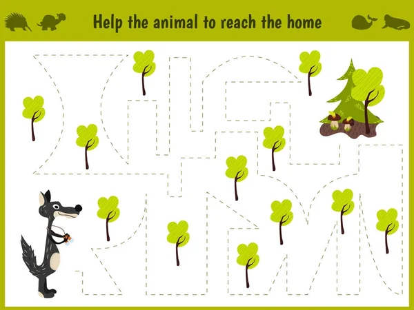 Kreslený obrázek vzdělání. Odpovídající hra pro předškoláky k podržte divoké zvíře Vlk v lese. Všechny obrázky jsou izolované na bílém pozadí. Vektor — Stockový vektor