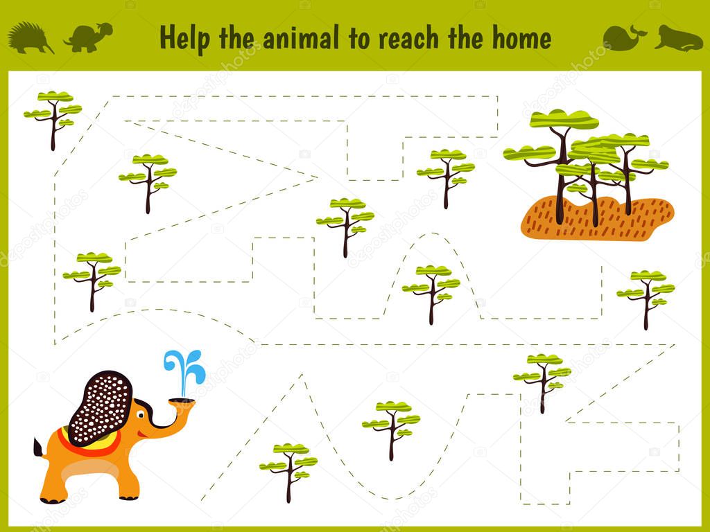 Cartoon illustration of education. Matching game for preschool kids trace the path of the elephant in savanna. Education and games. Learn handwriting. Vector