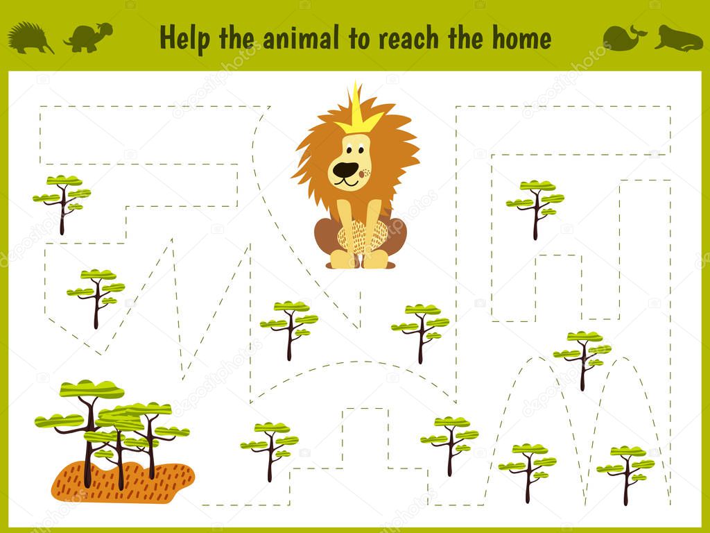 Cartoon illustration of education. Matching game for preschoolers to hold a wild animal of the lion home to sovanna. All pictures are isolated on white background. Vector