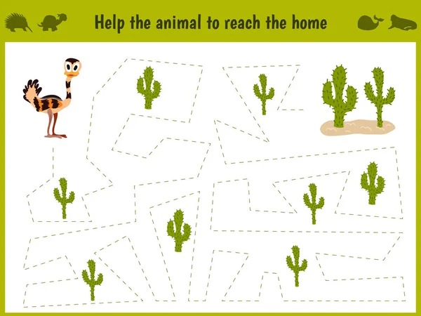 Cartoon illustratie van onderwijs. Matching game voor preschool kinderen trace het pad van de struisvogel in de woestijn. Onderwijs en games. Leren handschrift. Vector — Stockvector