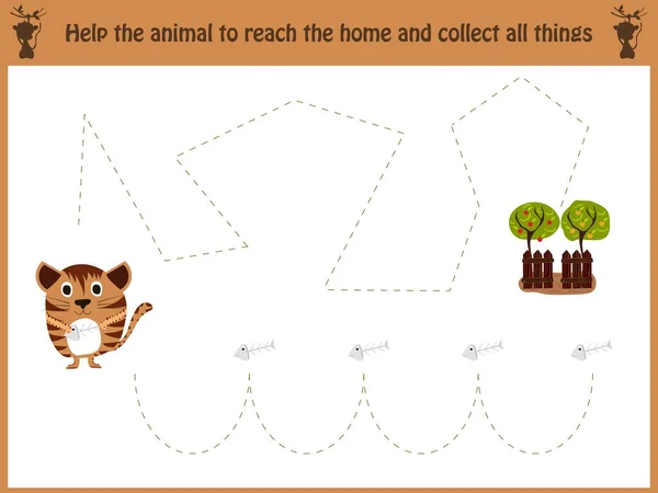 Labyrint spel. Utbildning barn karikatyr spel för barn i förskoleåldern. Hjälp att hitta vägen hem kattungen och mata honom fisk. Vektor — Stock vektor
