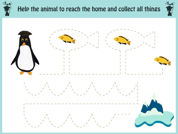 迷路ゲーム。教育の子供たちは漫画ゲーム就学前の子供のため。北極のペンギンに帰る道を見つけるし、彼に魚を養うに役立ちます。ベクトル — ストックベクタ