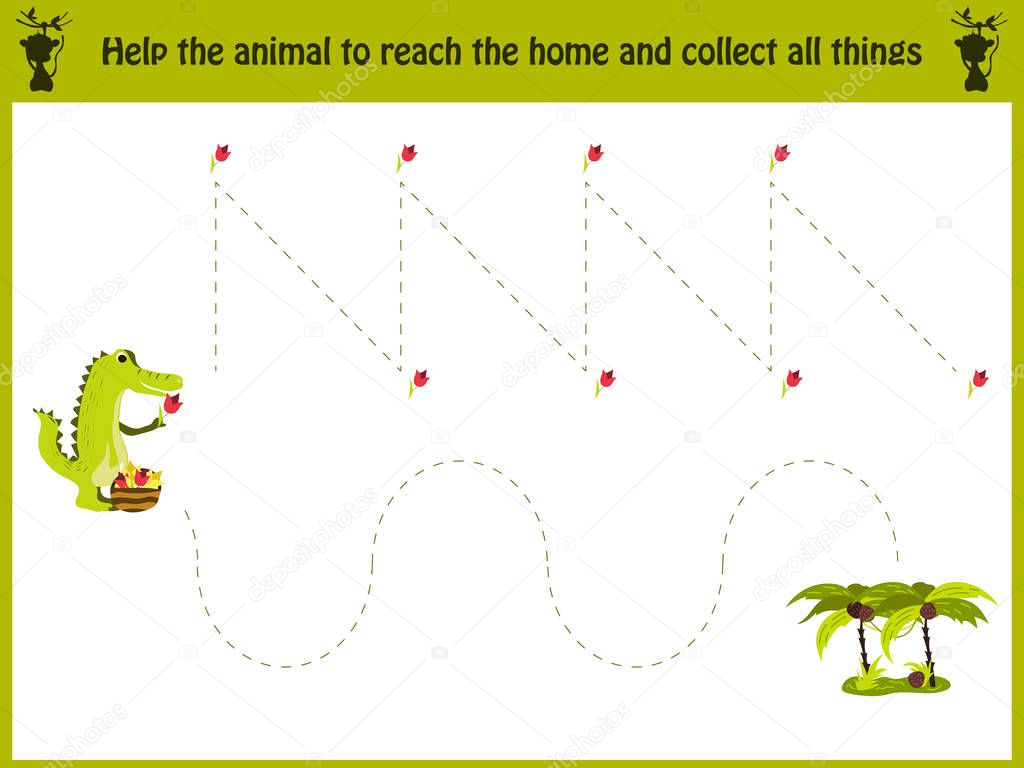 Cartoon illustration of education. Matching game for preschool kids trace the path of the crocodile in the jungle and collect all flowers are tulips. Education and games. Learn handwriting. Vector