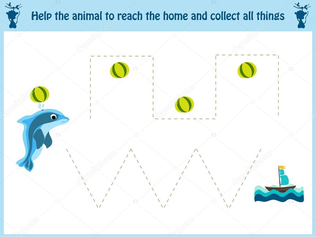 Maze game. Educational children cartoon game for children of preschool age. Help to find the way home in the sea Dolphin and feed him fish. Vector