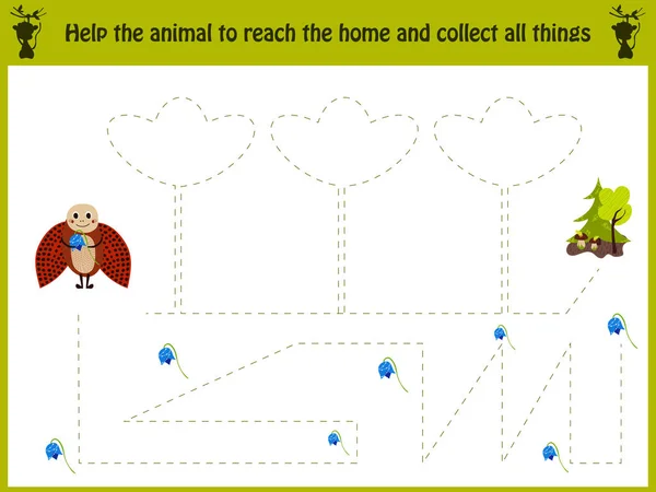 Eğitim illüstrasyon karikatür. Okul öncesi çocuklar için eşleme oyunu ladybugs orman yolu izlemek ve tüm çiçekleri toplamak. Eğitim ve oyunlar. El yazısı öğrenin. Vektör — Stok Vektör