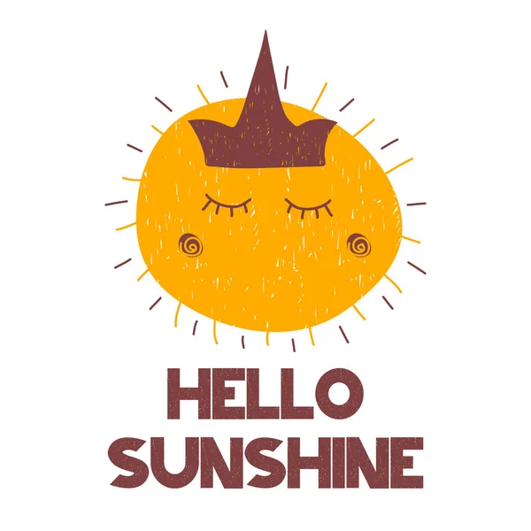 Cartão com grunge lettering Olá sol e desenho animado mão sol desenhado com coroa e raios. Ilustração vetorial —  Vetores de Stock