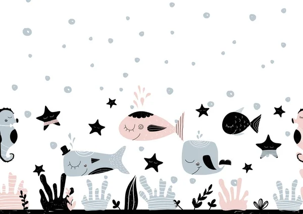 与水下生物, 星星和海底的刻字空白的卡。斯堪的纳维亚风格的矢量插图。可用作海报、横幅、笔记本、剪贴簿纸 — 图库矢量图片