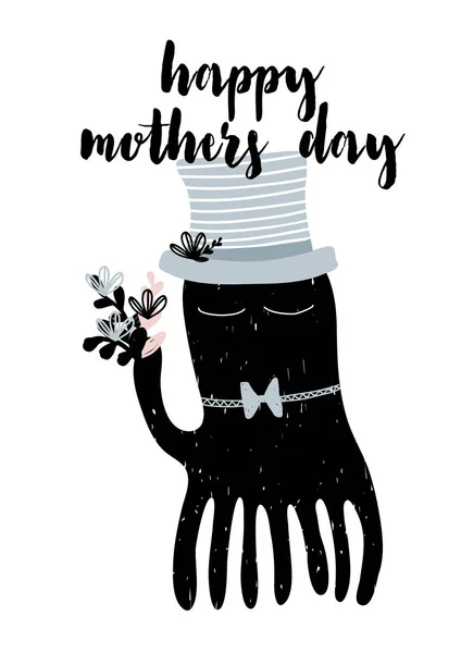 Tarjeta con letras de caligrafía feliz día de las madres y pulpo lindo con bouqet de flores. Ilustración vectorial — Vector de stock