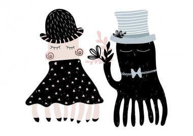 Kart Çift arkadaşlığını ahtapot BM İskandinav tarzı ile. Beyaz arka plan üzerinde izole vektör İllüstrasyonu