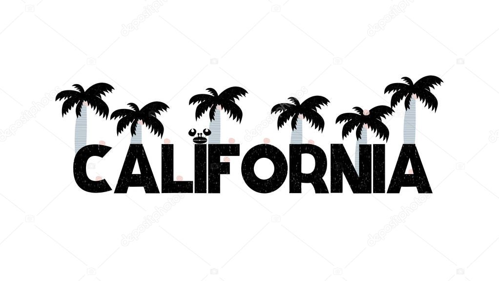 Banner with lettering california in scandinavian style. Vector illustration with decorative palms isolated on white background. Can be used as card, poster, banner, flyer, label, t-shirt print