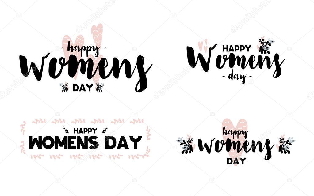 Collection Cards with calligraphy lettering happy womens day. Vector illustration with bouqets and hearts isolated on white background. Can be used as card, postcard, gift, poster, banner, logo