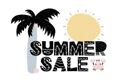 Yaz Satılık İskandinav tarzı yazı ile kart reklam. Vektör çizim