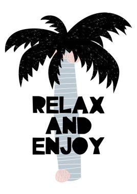 Kart yazı ile rahatlayın ve hurma ile keyfini çıkarın. Vektör çizim İskandinav tarzı ile