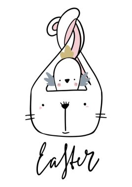 Paskalya tavşanı ve yavru ile yazı hat ile kartı. Vektör çizim Paskalya için