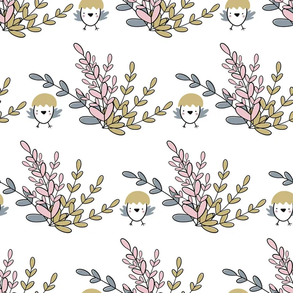 Pasen naadloze patroon met bos van bloemen en kuikens. Handgeschreven vectorillustratie — Stockvector