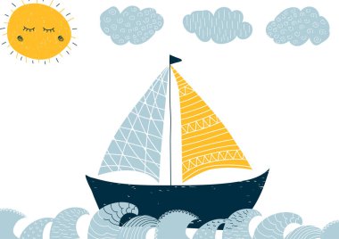 Deniz Manzaralı ve güneşin tarzında elle çizilmiş bir şirin illüstrasyon. Vektör