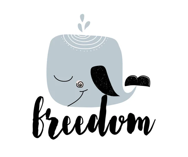 Κάρτα με καλλιγραφία γράμματα ελευθερία και φάλαινα κινουμένων σχεδίων. Εικονογράφηση διάνυσμα σε σκανδιναβικό στυλ — Διανυσματικό Αρχείο