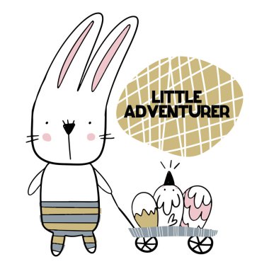 Kart taşıma yumurta ile sevimli tavşan ile küçük aventurer yazı ile. Vektör çizim