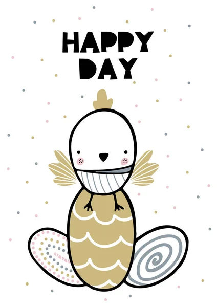 Cartão com letras dia feliz com filhote bonito sentado sobre os ovos. Ilustração vetorial —  Vetores de Stock