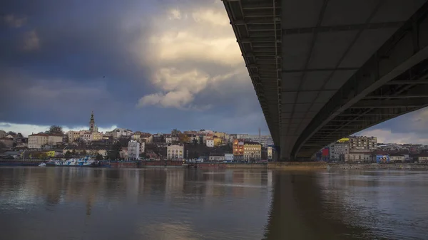 Beograd Kvelden Med Broen Sava Elva – stockfoto