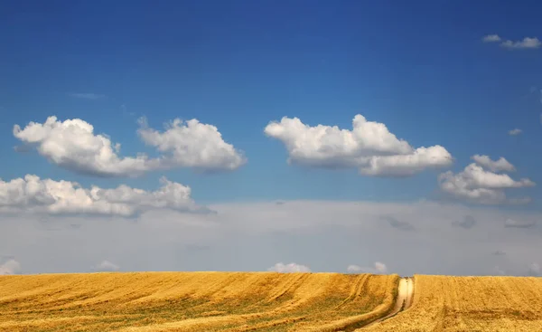 Grunty Rolne Drogi Kraju Zachmurzone Błękitne Niebo — Zdjęcie stockowe